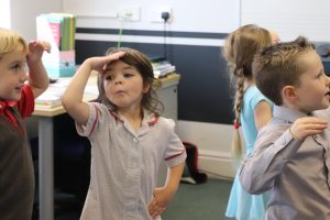 Early Years Ballet pupil looking out for criminals in policeman game