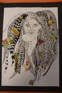 Ghyll Royd Primary school pupil's tudor self portrait filled with things that symbolise them