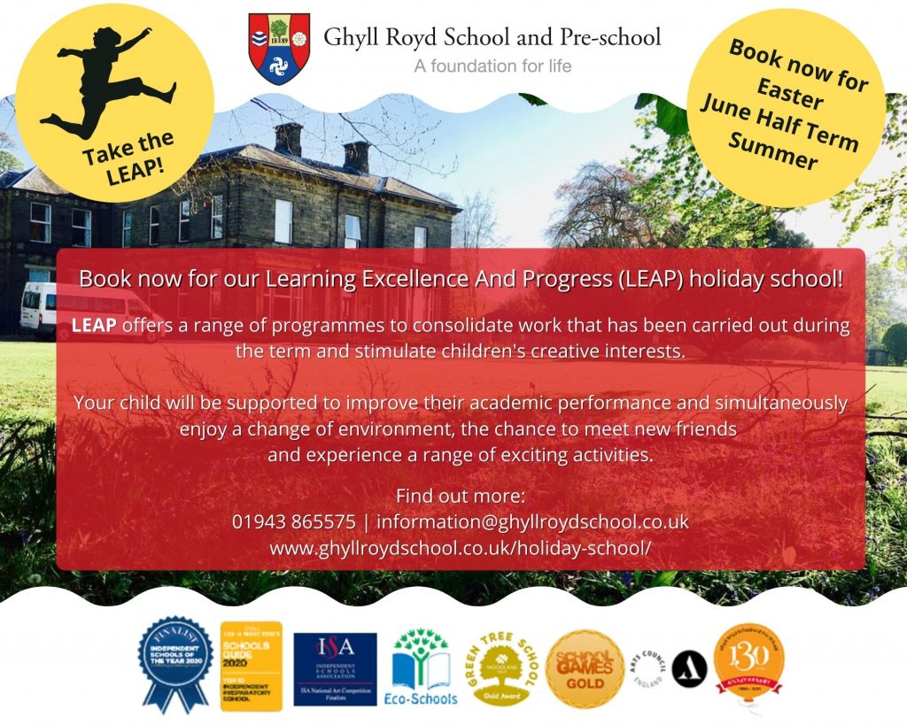 LEAP holiday school poster for primary aged school children in Ilkley and North Leeds areas